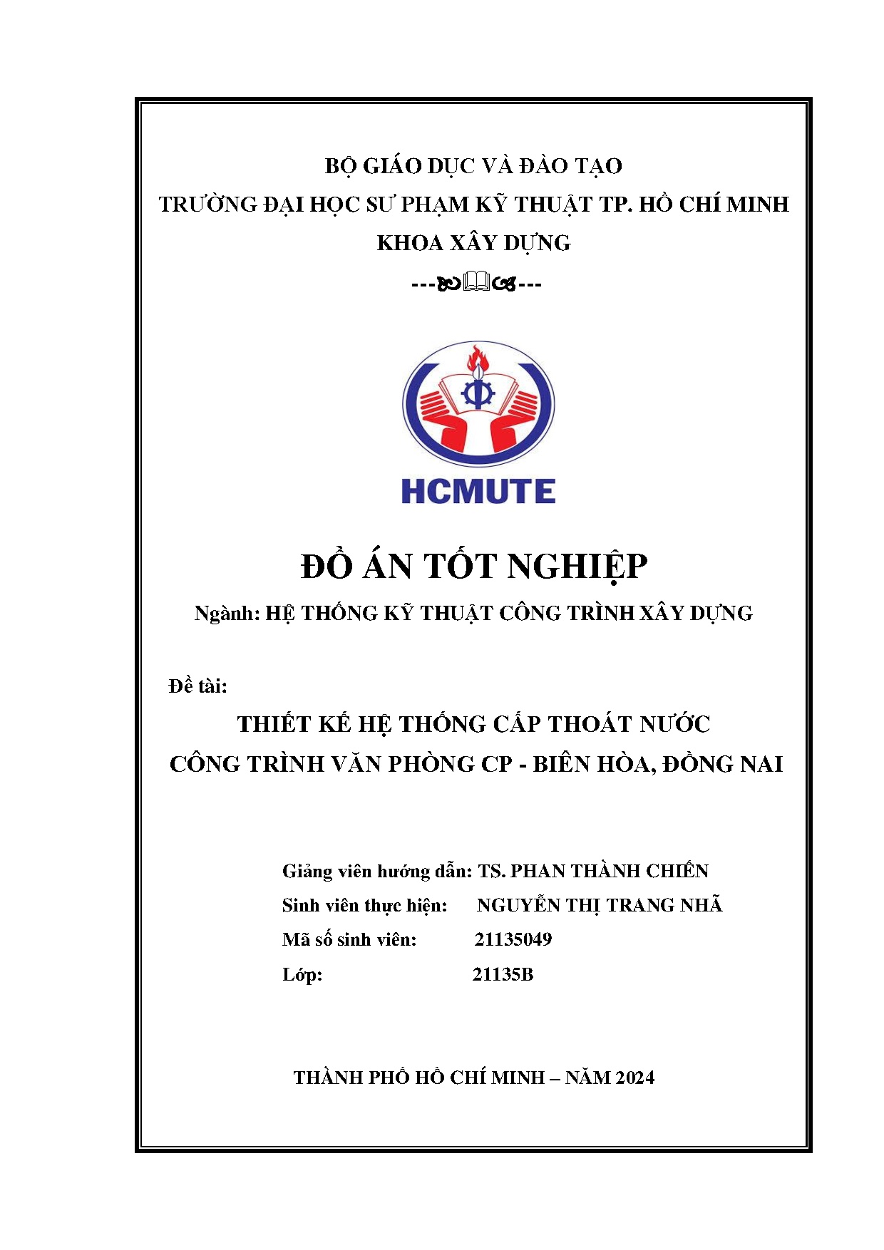 Đồ án tốt nghiệp - Thiết kế hệ thống cấp thoát nước công trình văn phòng CP- Biên Hòa, Đồng Nai