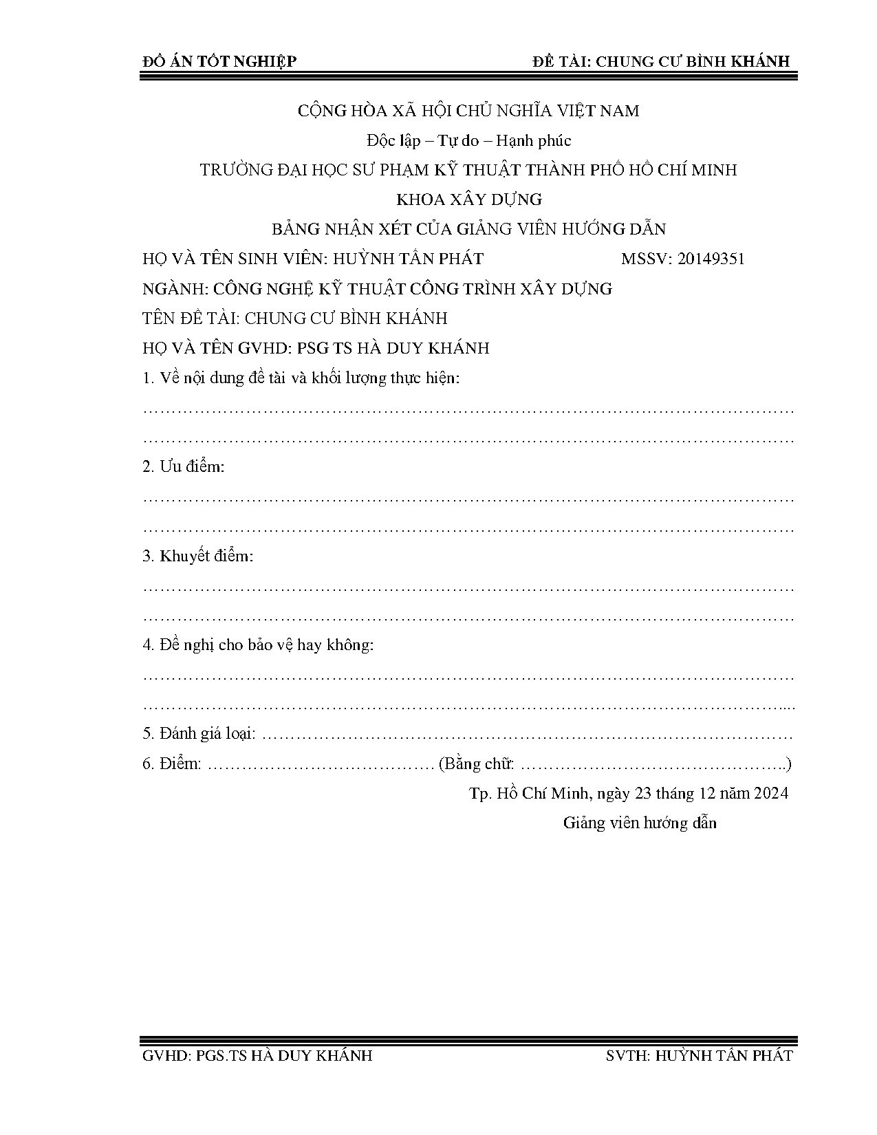 Đồ án tốt nghiệp - Chung cư Bình Khánh