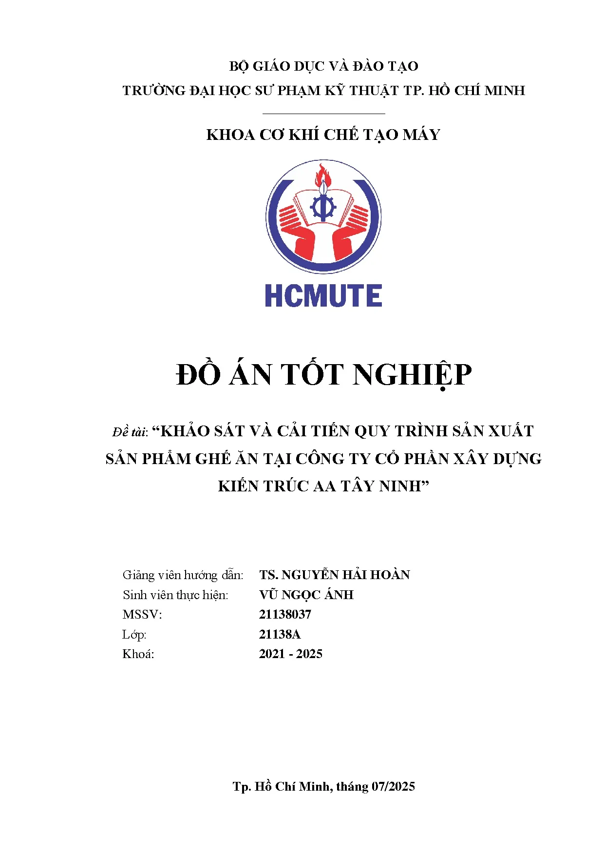 Đồ án tốt nghiệp - Khảo sát và cải tiến quy trình sản xuất sản phẩm ghế ăn tại công ty cổ PXDKTATN