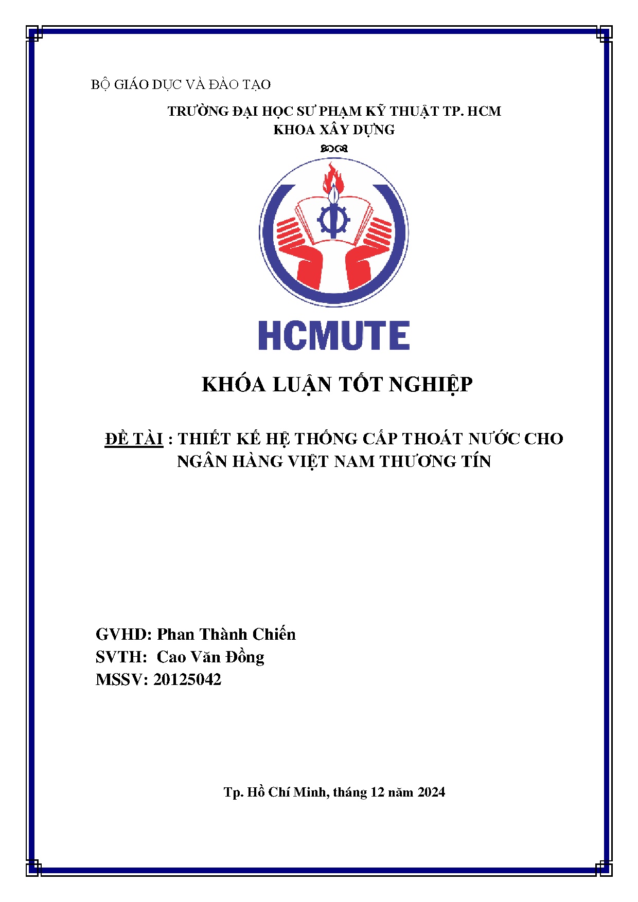 Đồ án tốt nghiệp - Thiết kế hệ thống cấp thoát nước cho ngân hàng Việt Nam Thương tín